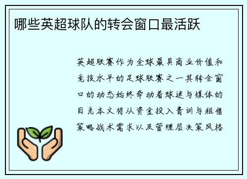 哪些英超球队的转会窗口最活跃