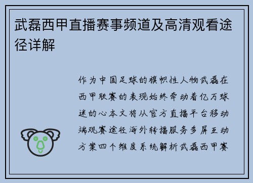 武磊西甲直播赛事频道及高清观看途径详解